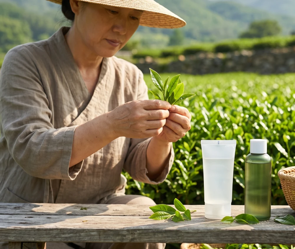 Woman holding fresh tea leaves